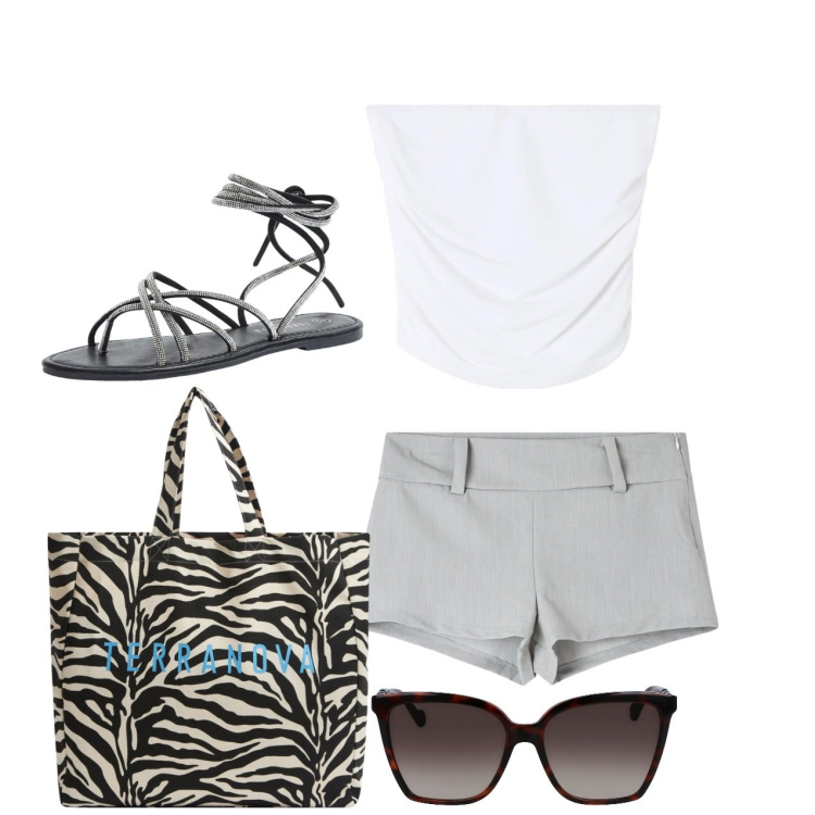 Outfit donna - Minimal shorts. Stile Minimal per Tutti i giorni. Abbinamento con sandali alla schiava, borse tote, top, shorts, occhiali da sole.