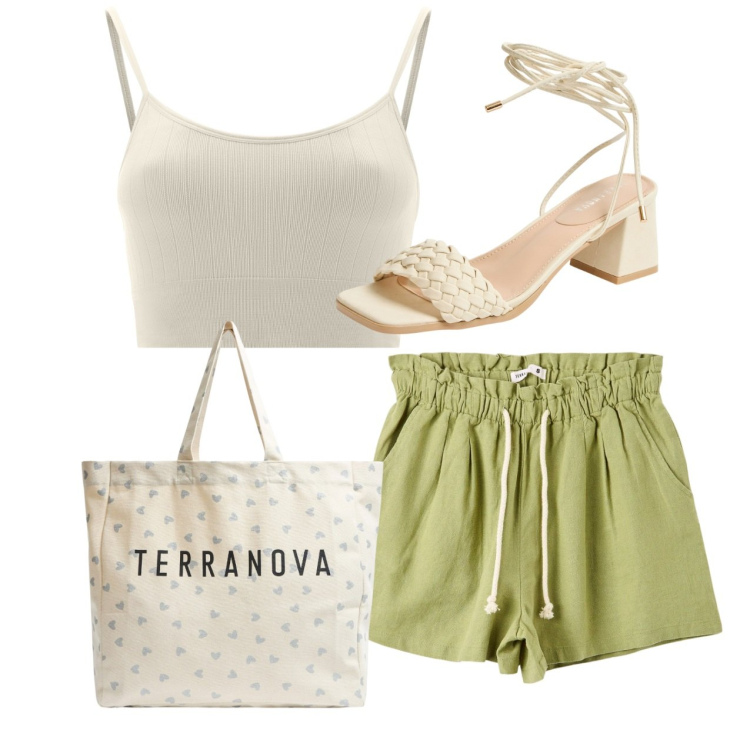 Outfit donna - City. Stile Bon Ton per Tutti i giorni. Abbinamento con shorts, sandali alla schiava, shopping bag, top.
