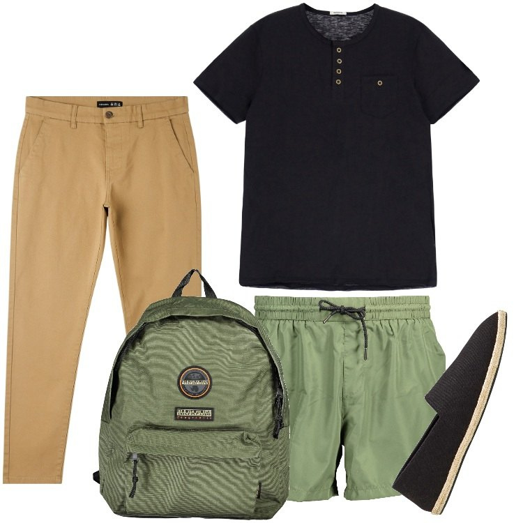 Outfit uomo - Total look #1896642. Stile Trendy per Mare. Abbinamento con espadrillas, pantaloni skinny, t-shirt, borse sportive, costumi.