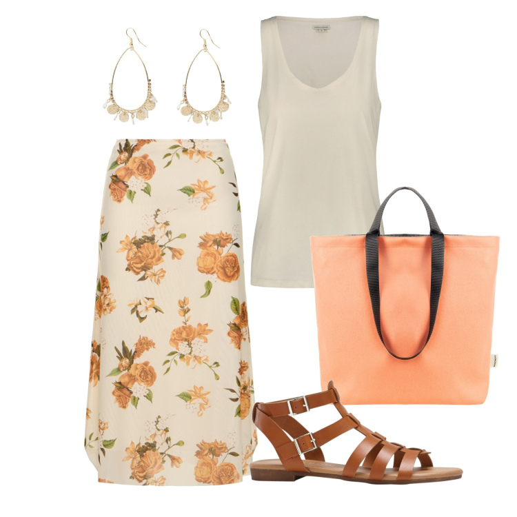 Outfit donna - Fiori estivi. Stile Bon Ton per Ufficio. Abbinamento con sandali, borse tote, orecchini, gonne longuette, canottiere.