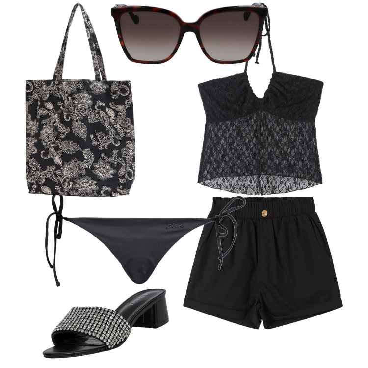 Outfit donna - Al ristorante della spiaggia. Stile Glamour per Mare. Abbinamento con pantaloni corti, shopping bag, ciabatte, top, occhiali da sole, costumi.