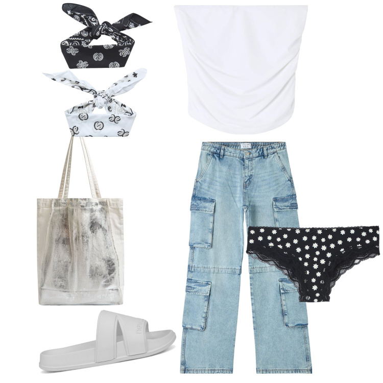 Outfit donna - A spasso. Stile Casual chic per Tutti i giorni. Abbinamento con top, culotte, fasce per capelli, jeans, shopping bag, sandali.