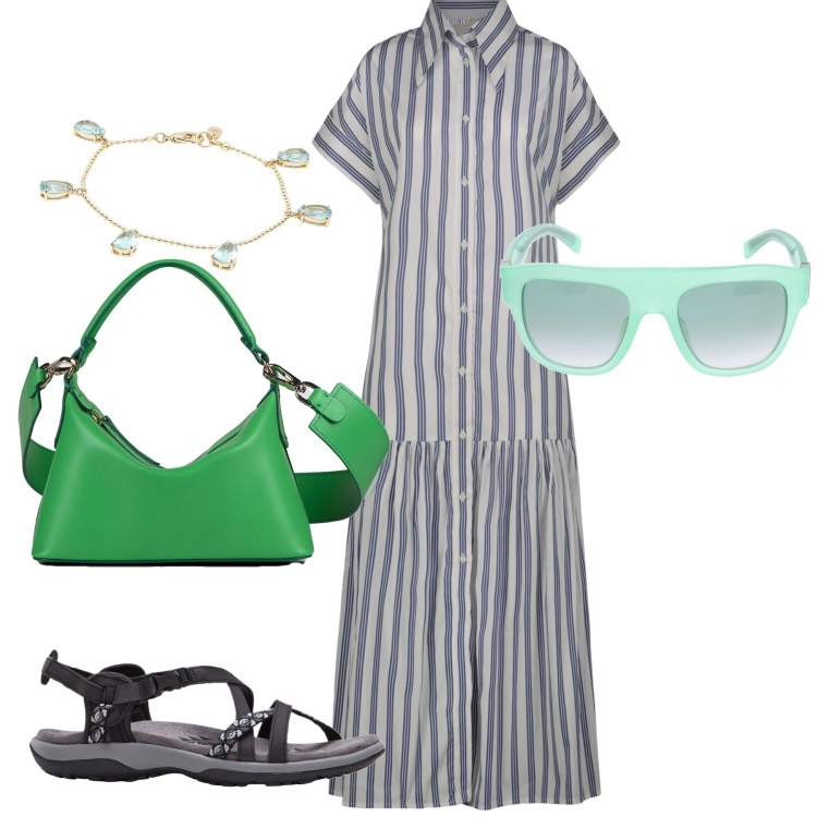 Outfit donna - Abito serioso con accessori trendy. Stile Trendy per Tutti i giorni. Abbinamento con sandali, braccialetti, vestiti chemisier, occhiali da sole, borse a mano.