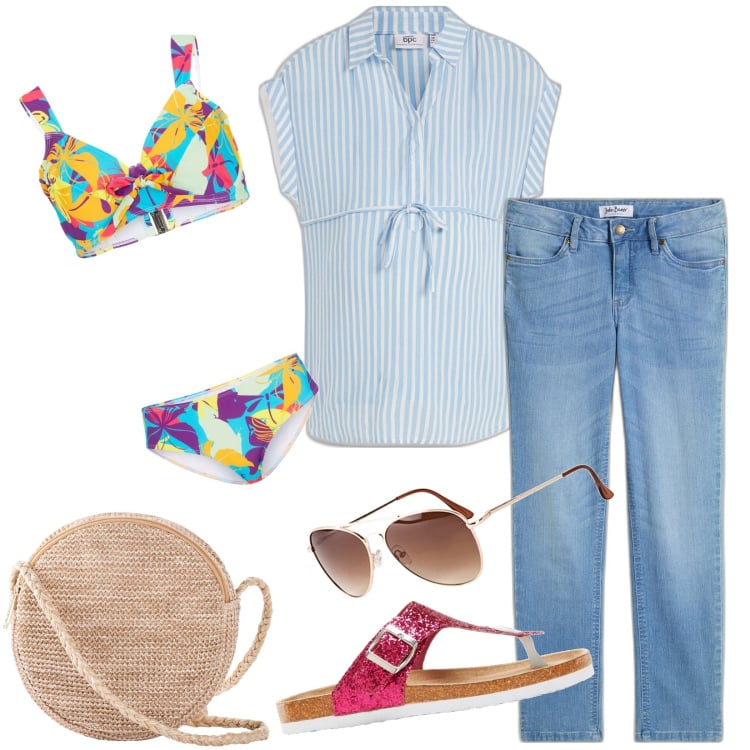 Outfit donna - Total look #1896704. Stile Casual per Mare. Abbinamento con jeans, borse a tracolla, occhiali da sole, bluse, bikini, infradito.