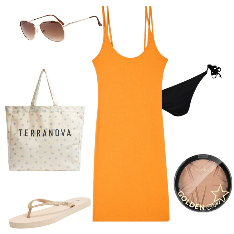 Outfit donna - Al mare e risparmiare. Stile Trendy per Mare. Abbinamento con occhiali da sole, terre, vestiti, infradito, shopping bag, costumi.