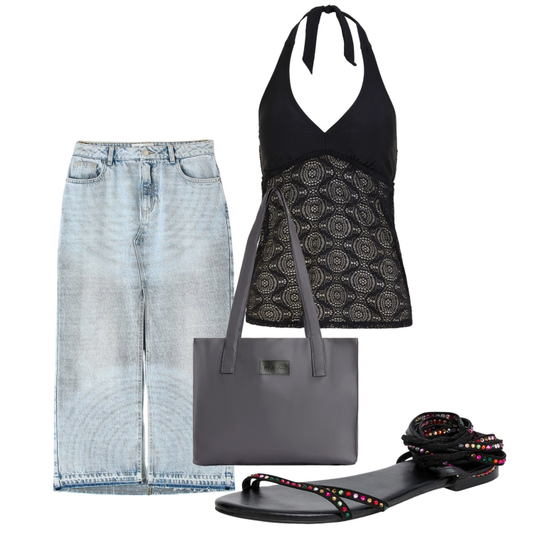 Outfit donna - Chic city. Stile Casual chic per Tutti i giorni. Abbinamento con top, sandali alla schiava, gonne lunghe, shopping bag.