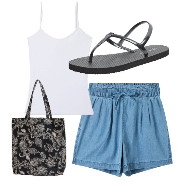 Outfit donna - Easy. Stile Casual per Tutti i giorni. Abbinamento con sandali, shopping bag, canottiere, shorts.
