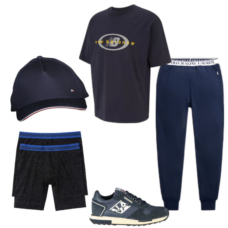 Outfit uomo - Una fresca mattina di giugno. Stile Casual per Sport. Abbinamento con boxer, t-shirt, pantaloni, scarpe sportive, cappelli con visiera.