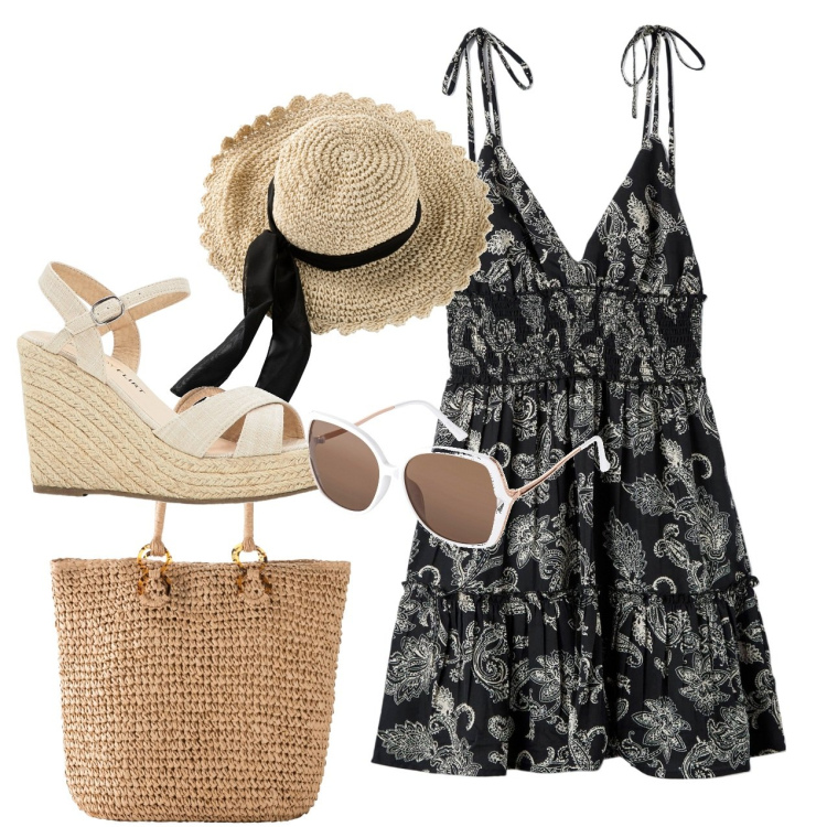 Outfit donna - In gita. Stile Romantica per Tutti i giorni. Abbinamento con cappelli, shopping bag, sandali, occhiali da sole, vestiti corti.