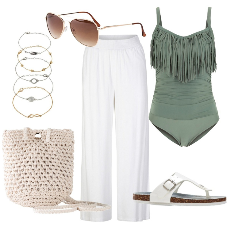Outfit donna - Finalmente mare. Stile Boho per Mare. Abbinamento con pantaloni, braccialetti con ciondoli, infradito, occhiali da sole, costumi interi, borse a tracolla.