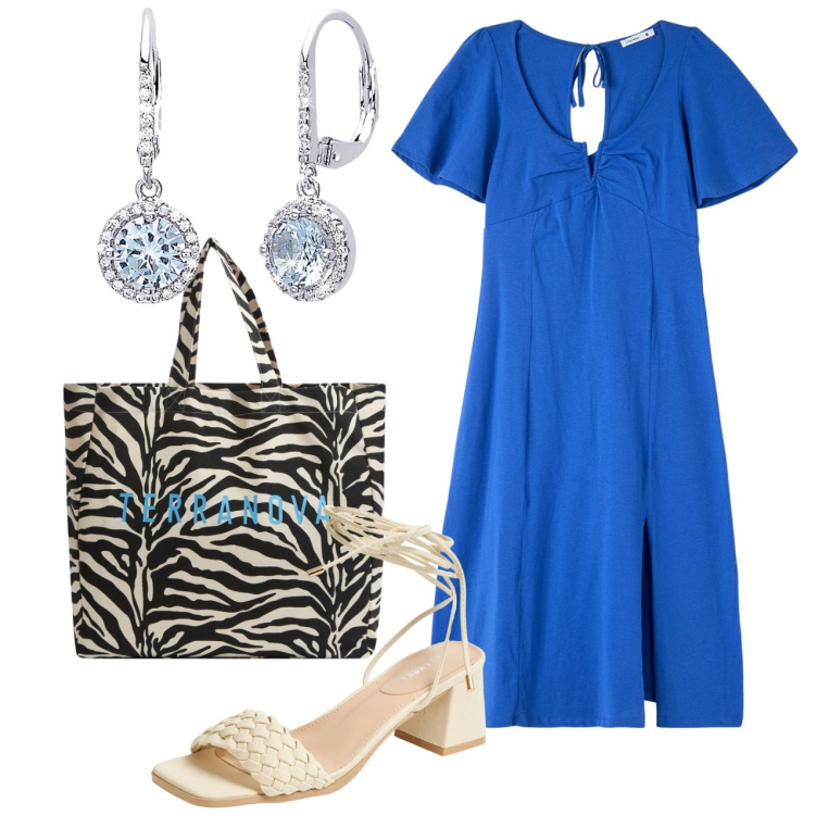 Outfit donna - Zebrata in azzurro. Stile Bon Ton per Ufficio. Abbinamento con borse tote, vestiti, sandali alla schiava, orecchini.
