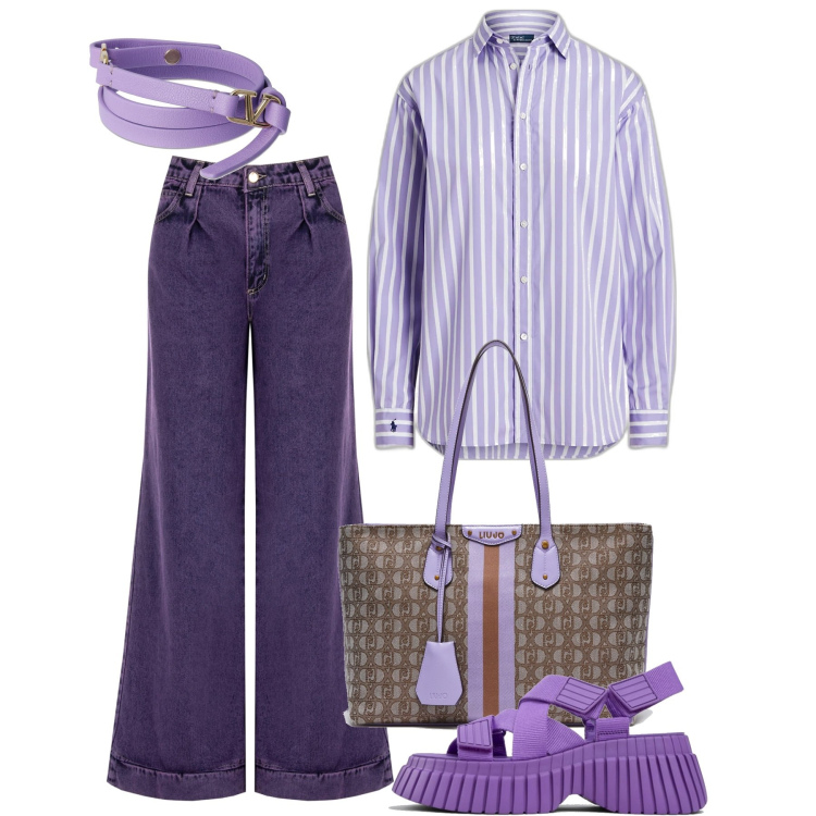 Outfit donna - Viola a Copenaghen. Stile Casual per Tutti i giorni. Abbinamento con jeans, camicie, shopping bag, braccialetti, sandali.