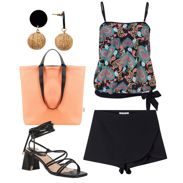 Outfit donna - Full colors. Stile Casual chic per Serata fuori. Abbinamento con orecchini, top, minigonne, sandali alla schiava, borse tote.