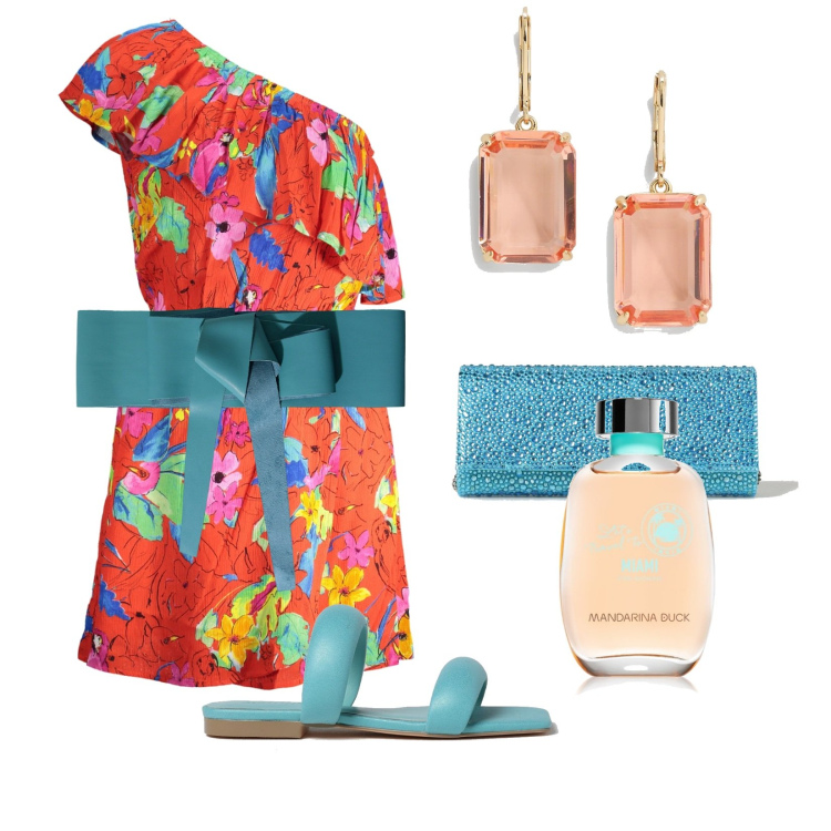 Outfit donna - Serata in Andalusia. Stile Glamour per Serata fuori. Abbinamento con profumi, cinture, orecchini, vestiti asimmetrici, sandali in pelle, borse a tracolla.