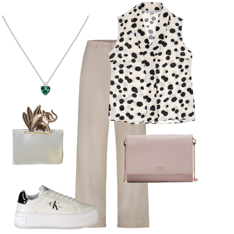 Outfit donna - La blusa a pois. Stile Casual chic per Tutti i giorni. Abbinamento con collane, profumi, camicie, pantaloni, sneakers, pochette.