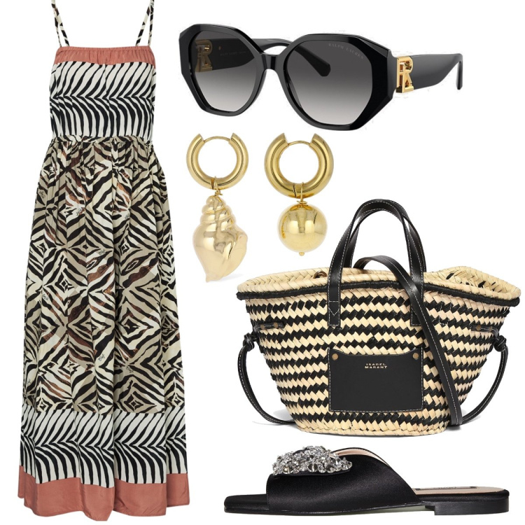 Outfit donna - Total look #1896915. Stile Etnico per Mare. Abbinamento con occhiali da sole, orecchini, shopping bag, vestiti lunghi, ciabatte.