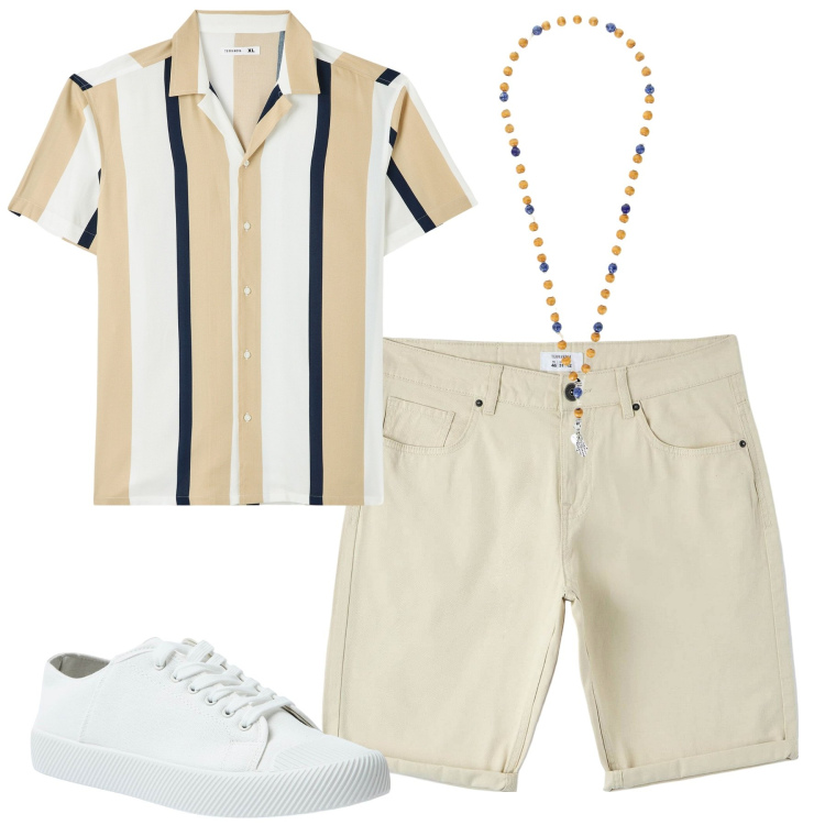 Outfit uomo - Day off. Stile Casual per Tutti i giorni. Abbinamento con camicie a manica corta, pantaloni, sneakers, collane.
