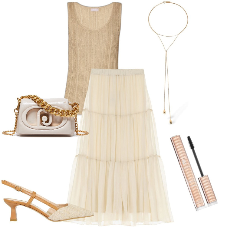 Outfit donna - Toni raffinati. Stile Romantica per Cerimonia. Abbinamento con mascara, sandali col tacco, gonne lunghe, collane, top, borse a mano.