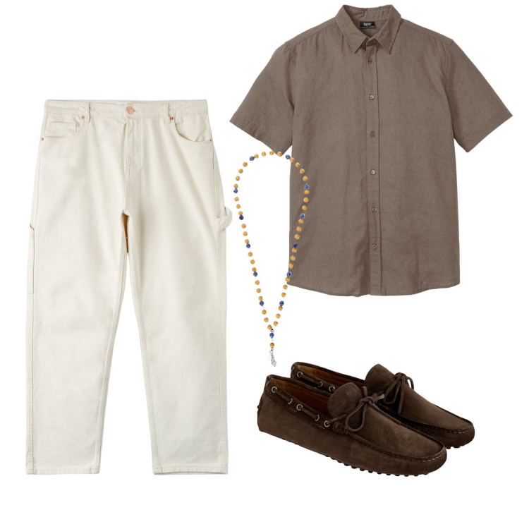 Outfit uomo - City. Stile Casual per Tutti i giorni. Abbinamento con camicie a manica corta, pantaloni, collane, scarpe stringate.