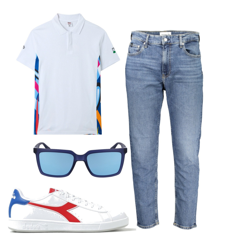 Outfit uomo - Total look #1896973. Stile Casual per Tutti i giorni. Abbinamento con polo, sneakers, jeans, occhiali da sole.