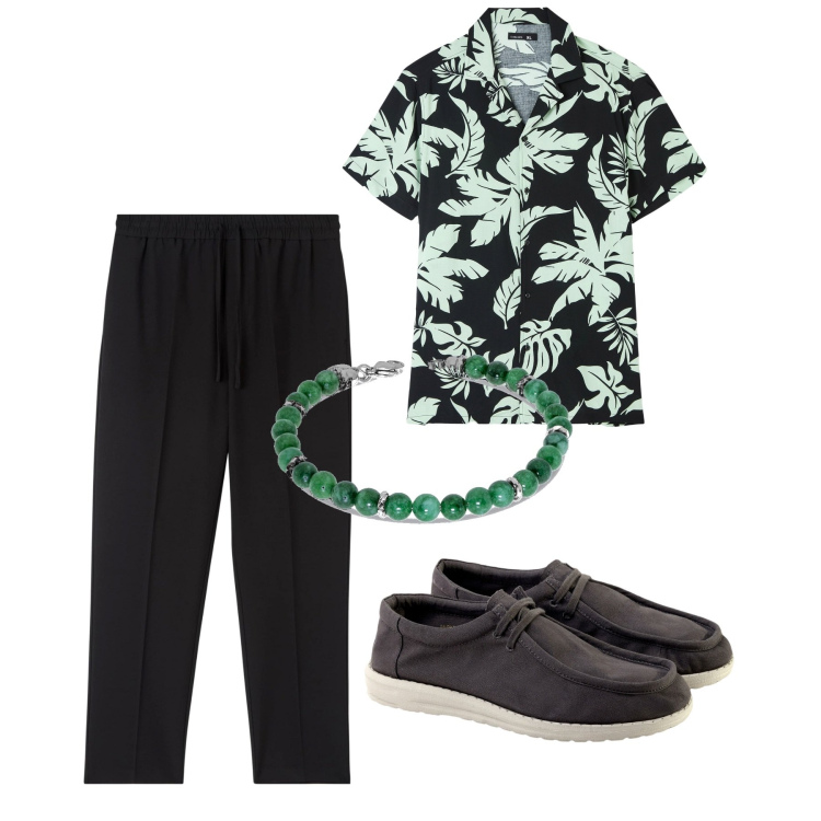 Outfit uomo - Serata. Stile Trendy per Serata speciale. Abbinamento con camicie a manica corta, pantaloni, scarpe stringate, braccialetti.