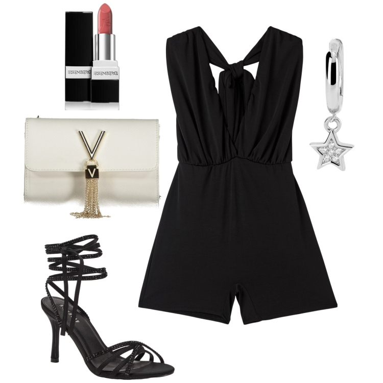 Outfit donna - Total look #1896995. Stile Glamour per Serata fuori. Abbinamento con rossetti, orecchini, tuta corta, sandali alla schiava, borse a tracolla.