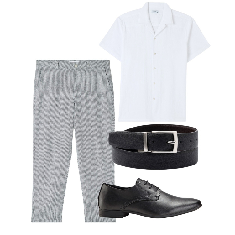 Outfit uomo - City. Stile Casual per Tutti i giorni. Abbinamento con scarpe stringate, camicie a manica corta, pantaloni, cinture.