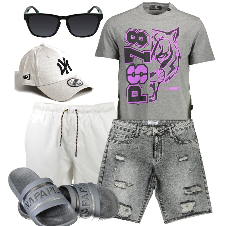 Outfit uomo - Mare. Stile Trendy per Mare. Abbinamento con shorts, t-shirt, occhiali da sole, costumi, cappelli, sandali.