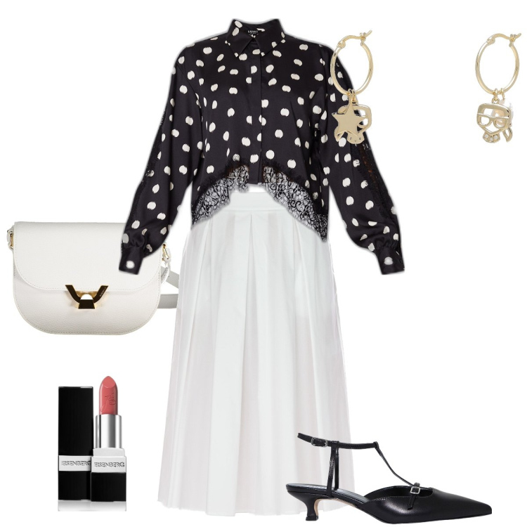 Outfit donna - La camicia con i pois. Stile Bon Ton per Serata fuori. Abbinamento con orecchini, rossetti, sandali col tacco, camicie, gonne longuette, borse a tracolla.