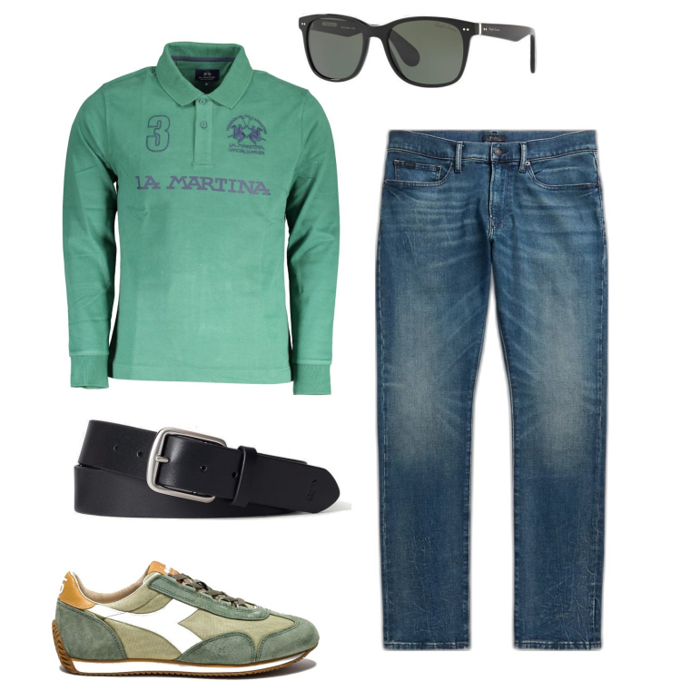 Outfit uomo - City. Stile Casual per Tutti i giorni. Abbinamento con cinture, occhiali da sole, jeans, polo, sneakers.