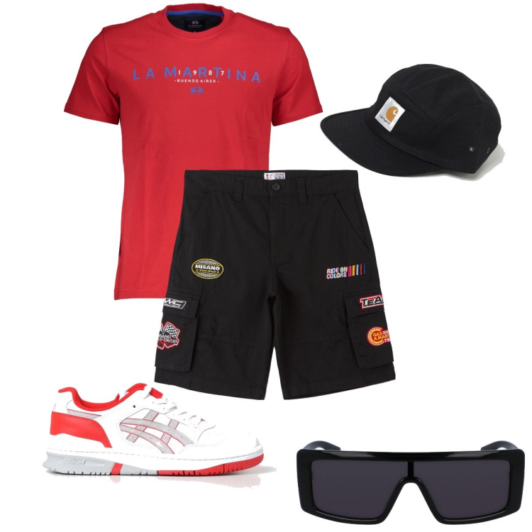 Outfit uomo - A vedere la Formula 1. Stile Casual per Sport. Abbinamento con bermuda, t-shirt, sneakers, occhiali da sole, cappelli.