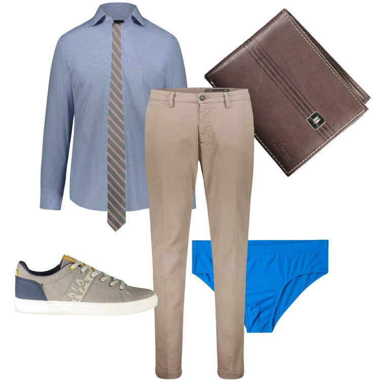 Outfit uomo - Finisco le ultime pratiche. Stile Business/Elegante per Ufficio. Abbinamento con costumi, camicie, pantaloni, portafogli, sneakers, cravatte.