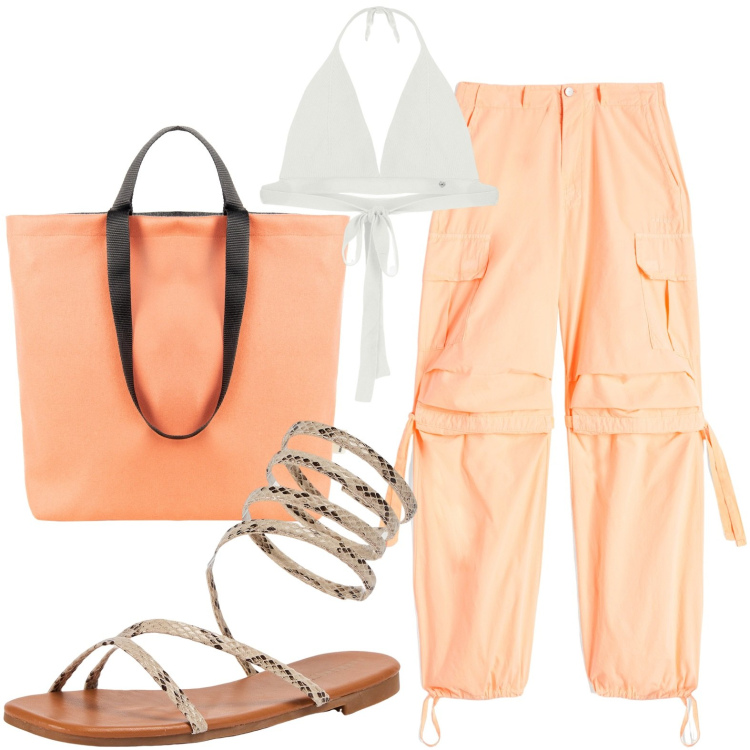 Outfit donna - Estate. Stile Chic per Tutti i giorni. look ideale per Petite. Abbinamento con sandali, borse tote, top, pantaloni cargo.