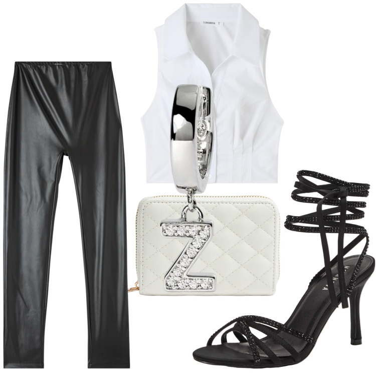 Outfit donna - Sera. Stile Rock per Serata fuori. look ideale per Petite. Abbinamento con treggings, camicie, portafogli, sandali alla schiava, orecchini.