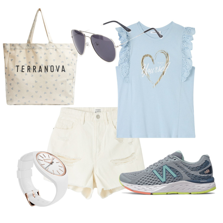 Outfit donna - Total look #1897054. Stile Casual per Tutti i giorni. Abbinamento con shorts, t-shirt, shopping bag, sneakers, orologi, occhiali da sole.
