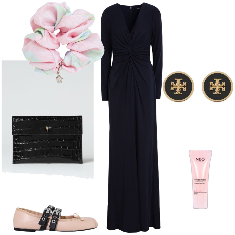 Outfit donna - Look fra il serioso e il frivolo. Stile Chic per Serata fuori. Abbinamento con orecchini, vestiti lunghi, mascara, ballerine, accessori per capelli, clutch.