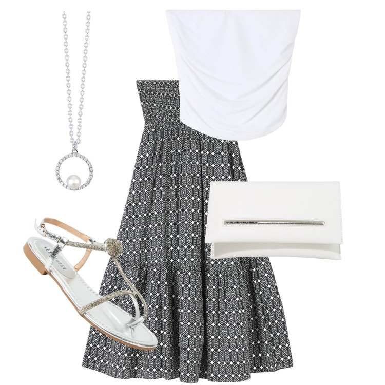 Outfit donna - Il top a fascia. Stile Boho per Serata fuori. Abbinamento con top, gonne lunghe, ciabatte, collane, pochette.