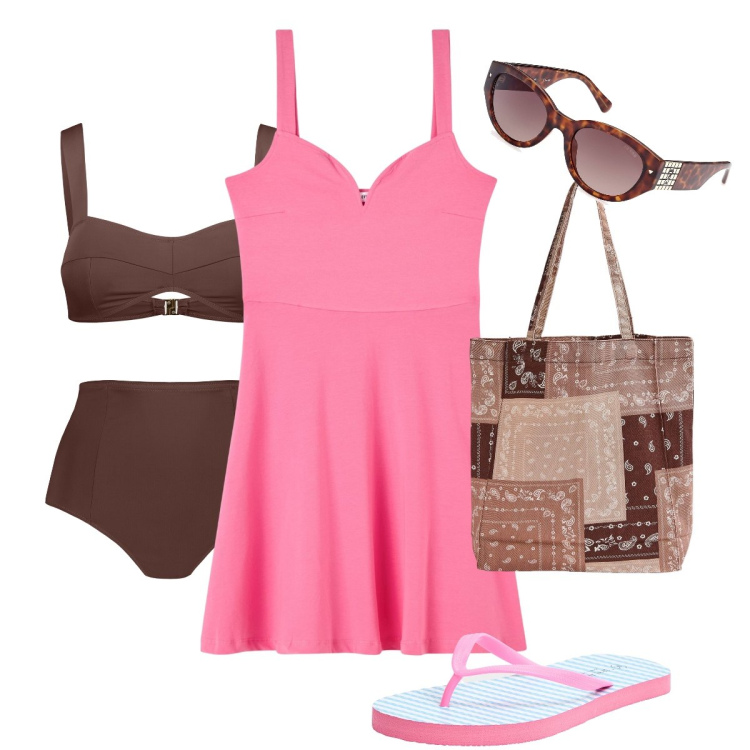 Outfit donna - Col vestitino al mare. Stile Romantica per Mare. Abbinamento con vestiti, shopping bag, infradito, bikini, occhiali da sole.