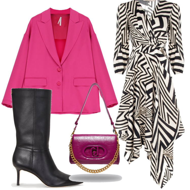 Outfit donna - Abito asimmetrico. Stile Bon Ton per Serata fuori. look ideale per Petite. Abbinamento con vestiti midi/longuette, blazer, stivali, borse a spalla.
