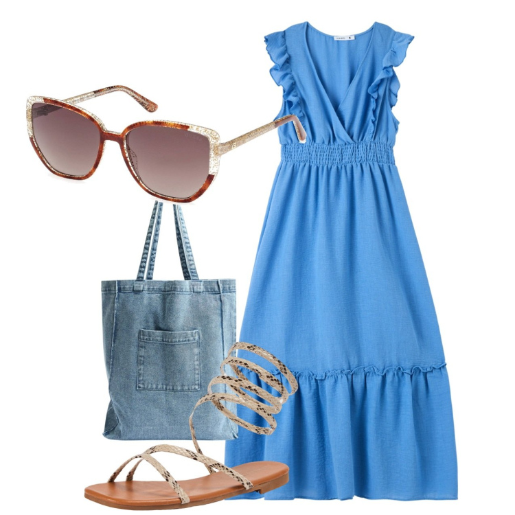 Outfit donna - Pomeriggio in centro. Stile Bon Ton per Tutti i giorni. Abbinamento con vestiti lunghi, shopping bag, sandali, occhiali da sole.