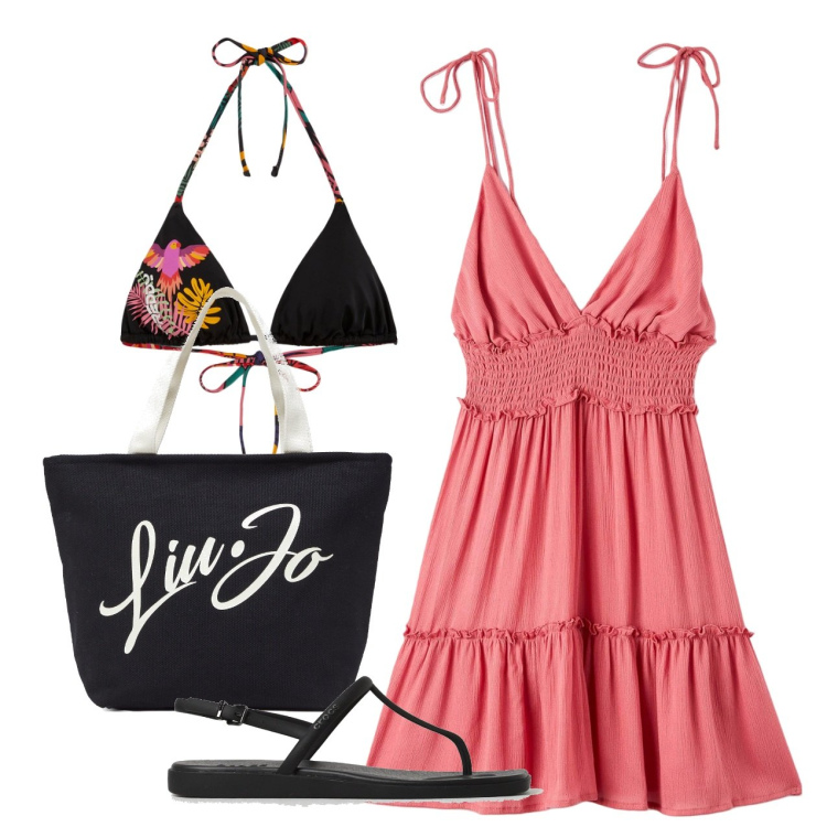 Outfit donna - Mare mare. Stile Bon Ton per Mare. Abbinamento con vestiti corti, bikini, shopping bag, sandali.