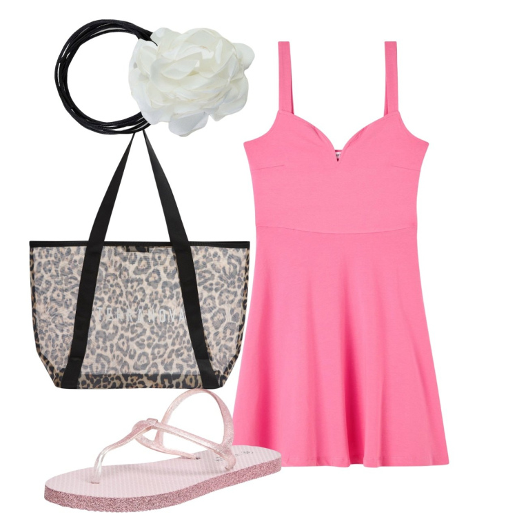 Outfit donna - Rosa. Stile Bon Ton per Tutti i giorni. Abbinamento con sandali, shopping bag, vestiti, collane.