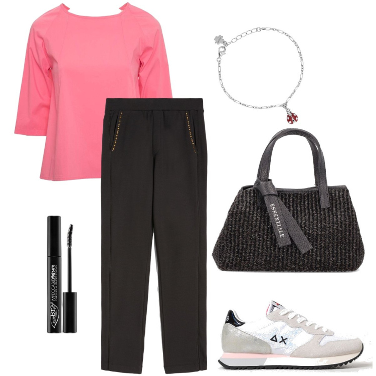 Outfit donna - Le sneakers comode. Stile Casual per Tutti i giorni. Abbinamento con mascara, braccialetti con ciondoli, pantaloni, sneakers, bluse, borse a mano.
