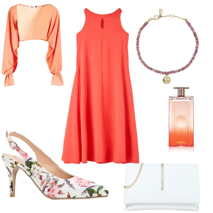 Outfit donna - Serata estiva. Stile Romantica per Serata fuori. Abbinamento con décolleté, profumi, vestiti senza maniche, braccialetti, blazer, pochette.