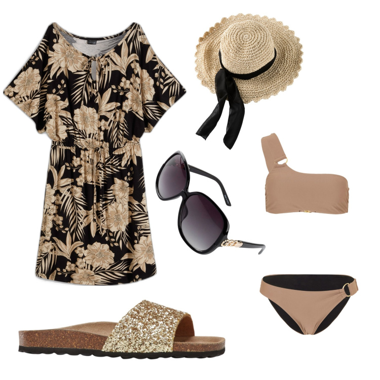 Outfit donna - In spiaggia con il bikini monospalla. Stile Boho per Mare. Abbinamento con cappelli, occhiali da sole, vestiti, bikini, ciabatte.