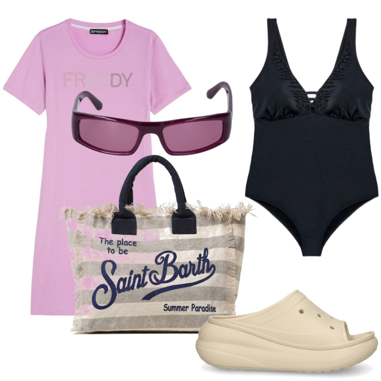 Outfit donna - Costume nero. Stile Basic per Mare. look ideale per Petite. Abbinamento con vestiti lunghi, ciabatte, costumi interi, occhiali da sole, borse tote.
