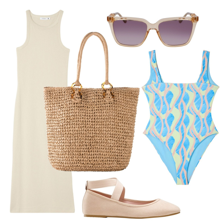 Outfit donna - In spiaggia. Stile Casual per Tutti i giorni. look ideale per Petite. Abbinamento con ballerine, shopping bag, costumi interi, vestiti lunghi, occhiali da sole.