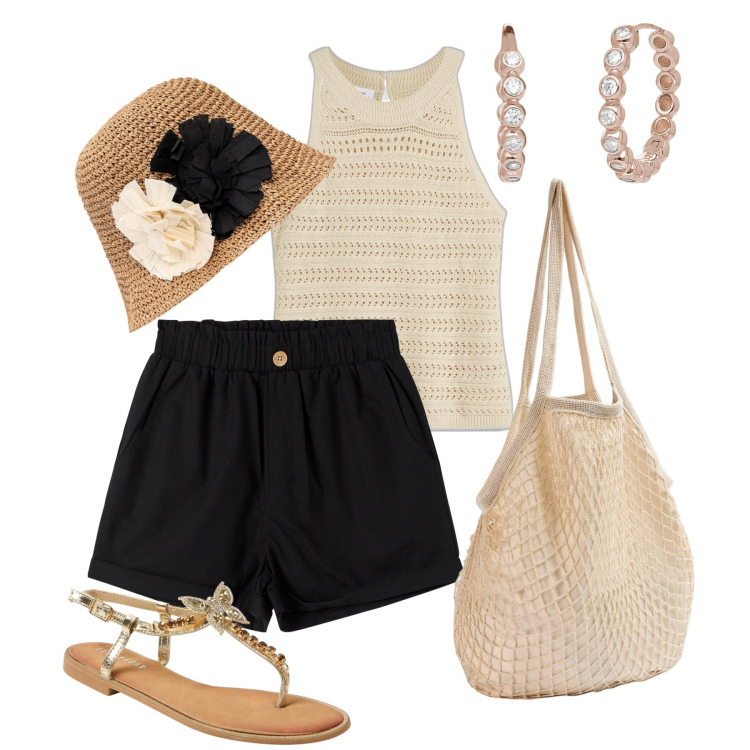 Outfit donna - Minorca. Stile Casual chic per Tutti i giorni. Abbinamento con top, pantaloni corti, borse a spalla, sandali gioiello, orecchini, cappelli.
