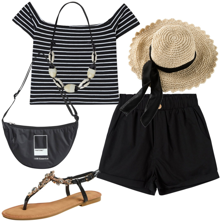 Outfit donna - Casual. Stile Casual per Tutti i giorni. Abbinamento con cappelli, t-shirt, marsupi, pantaloni corti, sandali gioiello, collane.