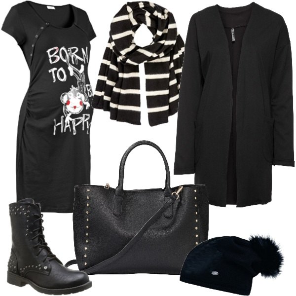 Outfit donna - Rock Mum. Stile Rock per Tutti i giorni. look ideale per Premaman. Abbinamento con camicie da notte, blazer, shopping bag con borchie, stivali nero, berretto taglia unica nero, sciarpa lunga.